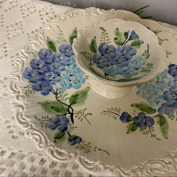 Italian pottery serving plate hand painted hydrangea art nouveau swirl edge - Picture 4 of 8